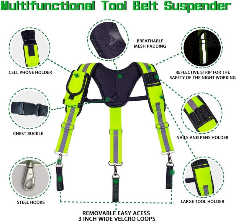 Carpenter Tool Belt Suspenders, Heavy Duty Tool Belt Suspenders Reflective Safety Suspenders - Image 2