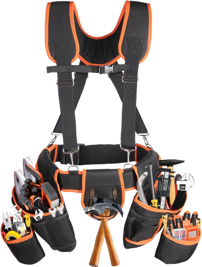 Tool Belt With Suspenders, 22 Pockets Tool Bag, Multi-Functional Adjustable Waist Tool Belt, Heavy Duty Tool Organizer for Framers, Carpenter, Electrician,Construction