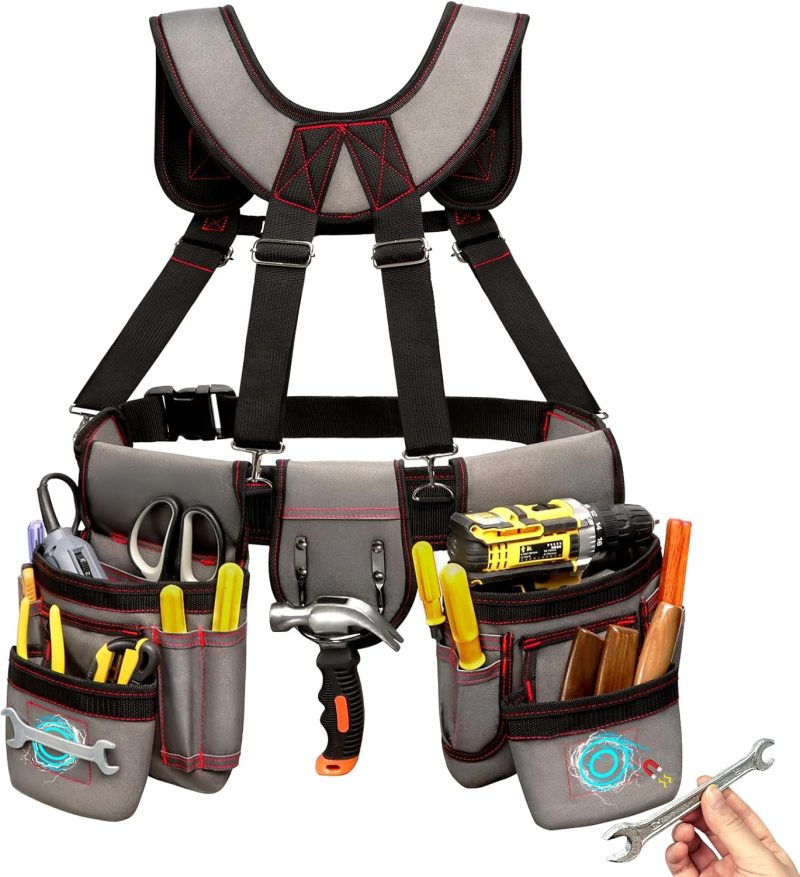 Tool Belt for Men, Professional Tool Belts with Suspenders, Magnetic Tool Pouch, Adjustable Utility Belt Tools Organizer, Heavy Duty Construction Work Bags Tool Pouch for Electrician, Carpenter