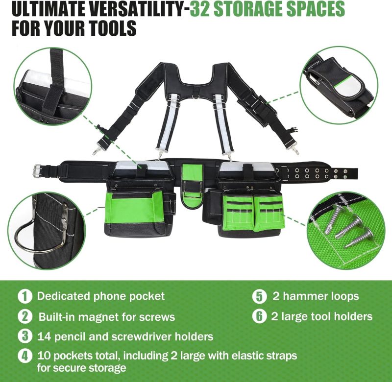 Heavy Duty Tool Belt with Harness and Suspenders – 32 Pockets and Pouches, 1680D Ballistic Material, Reflective Strips for Safety – Tool Belt Suspenders for Men, Electricians, and Carpenters, Green - Image 2