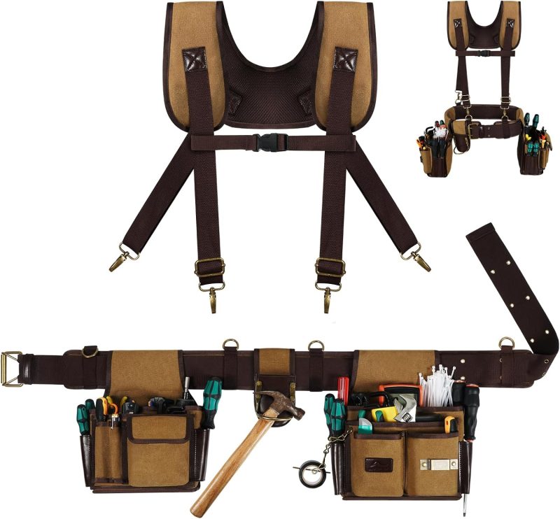 Tool Belt with Suspenders, 37 Pockets Vintage Canvas Carpenter Tool Belt Pouchs for Men with Hammer Holder, 31-55” Adjustable Construction Tool Storage Organizer for Framers, Electricians