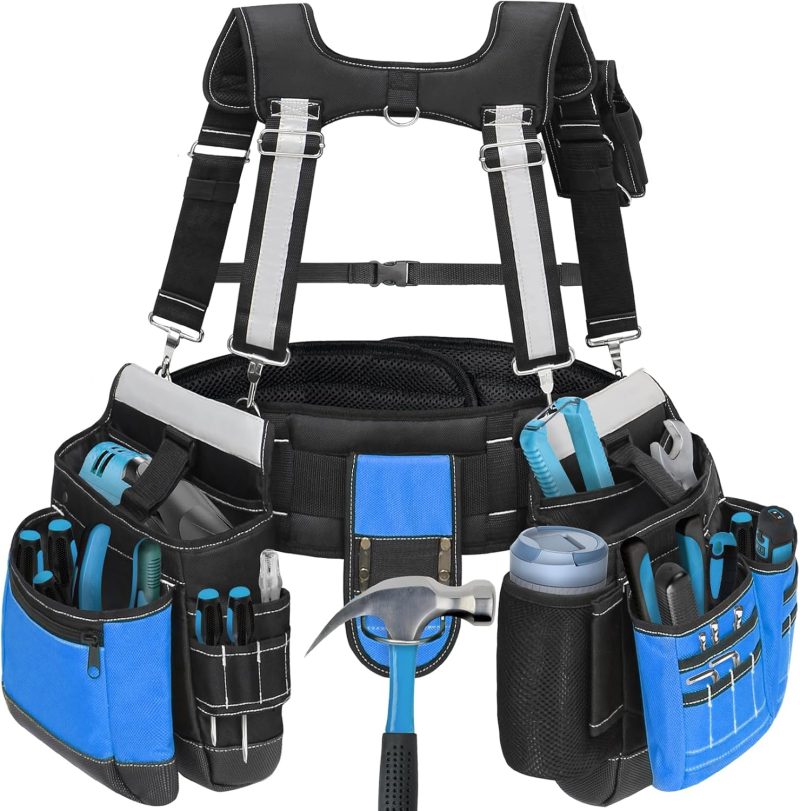 Heavy Duty Tool Belt with Harness and Suspenders – 32 Pockets and Pouches, 1680D Ballistic Material, Reflective Strips for Safety – Tool Belt Suspenders for Men, Electricians, and Carpenters, Blue