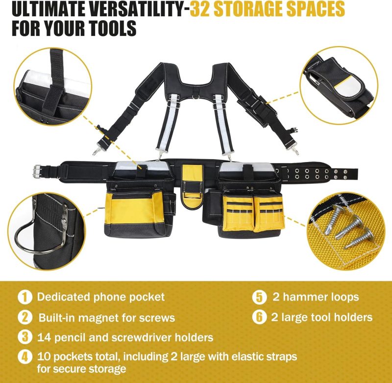 Heavy Duty Tool Belt with Harness and Suspenders – 32 Pockets and Pouches, 1680D Ballistic Material, Reflective Strips for Safety – Tool Belt Suspenders for Men, Electricians, and Carpenters, Yellow - Image 2