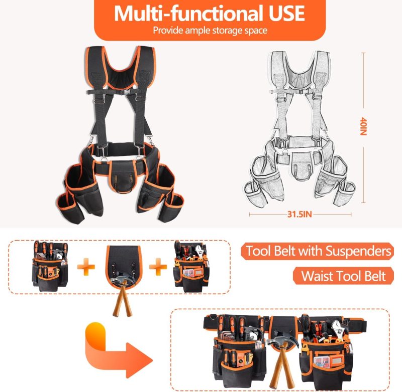 Tool Belt With Suspenders, 22 Pockets Tool Bag, Multi-Functional Adjustable Waist Tool Belt, Heavy Duty Tool Organizer for Framers, Carpenter, Electrician,Construction - Image 2