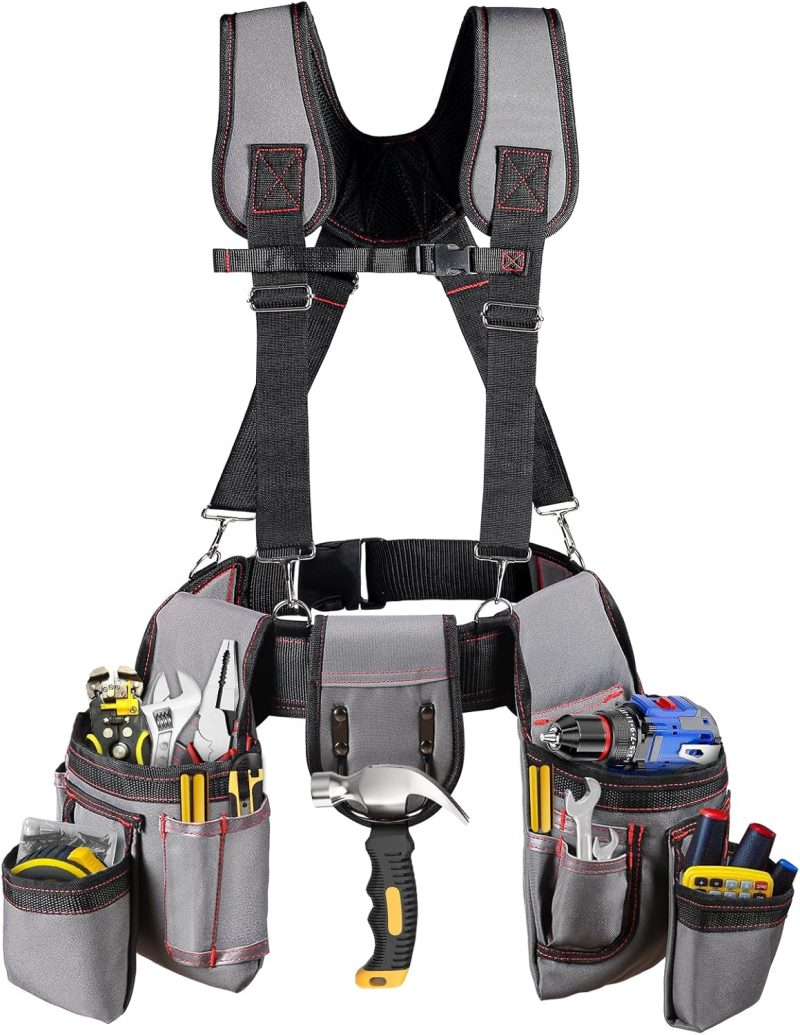 Tool Belt With Suspenders, 22 Pockets Tool Bags, Multi-Functional Adjustable Waist Tool Belt Heavy Duty Tool Organizer Suitable for Electrician,Framers,Carpenter, Construction