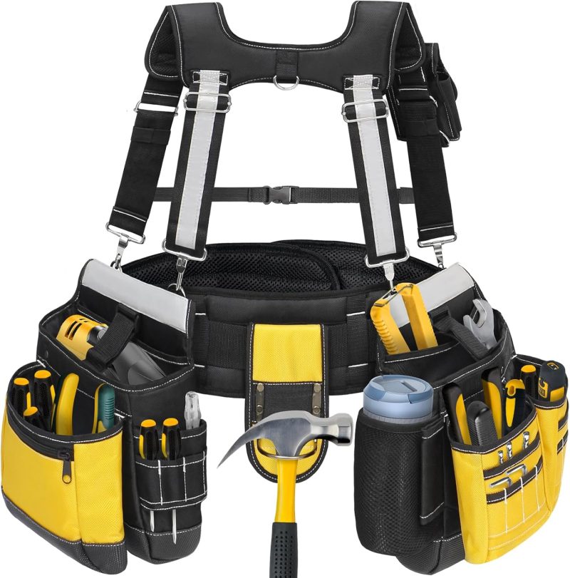 Heavy Duty Tool Belt with Harness and Suspenders – 32 Pockets and Pouches, 1680D Ballistic Material, Reflective Strips for Safety – Tool Belt Suspenders for Men, Electricians, and Carpenters, Yellow