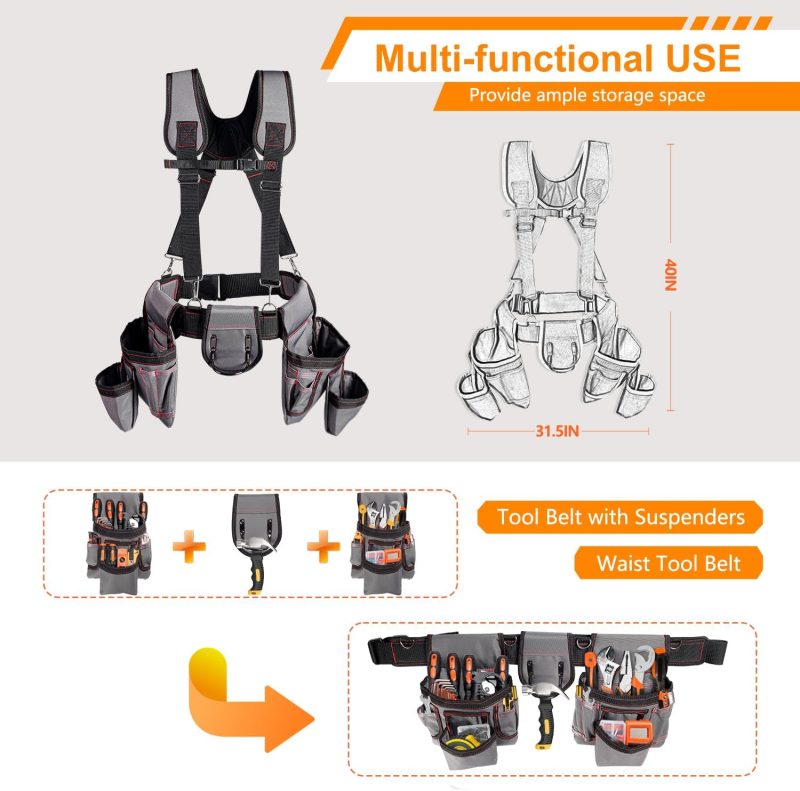 Tool Belt With Suspenders, 22 Pockets Tool Bags, Multi-Functional Adjustable Waist Tool Belt Heavy Duty Tool Organizer Suitable for Electrician,Framers,Carpenter, Construction - Image 2