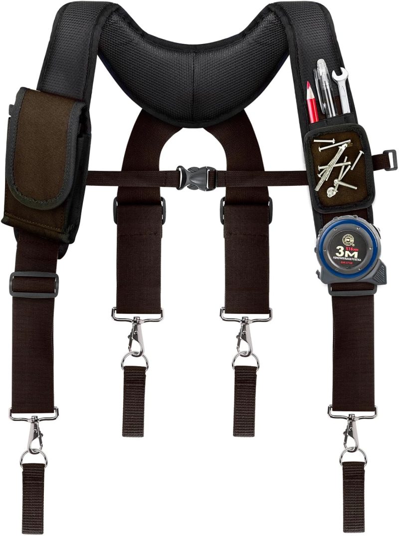 Tool Belt Suspenders for Men, Adjustable Padded Carpenter Tool Belt with Magnetic WristBand Multifunctional Pouch Pocket for Construction Workers (Brown)