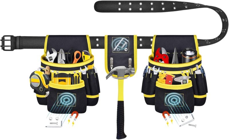 Tool Belt, Magnetic Tool Pouch with 26 Pockets for Men Heavy Duty Tool Pouch Bag, Detachable Tool Bags for Carpenter Electrician Construction Utility Belt Gifts for Dad (26 Pockets with Magnet Pouch)