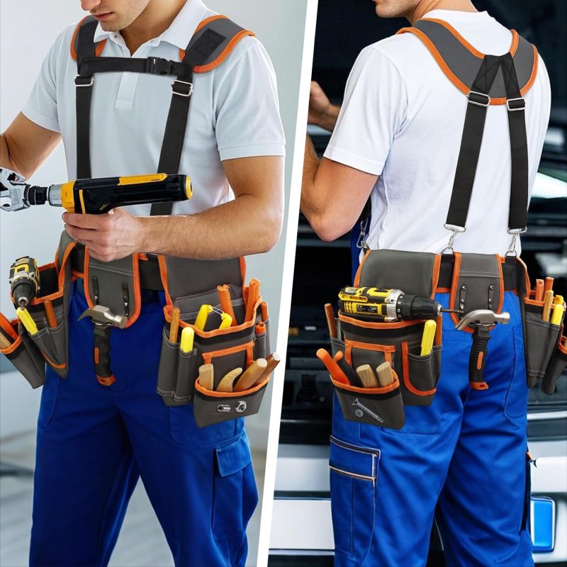 Tool Belt, Professional Tool Belts for Men, Magnetic Tool Pouch With Suspenders, Heavy Duty Detachable Adjustable Utility Belt Work Bags for Electrician, Carpenter (Gray and Orange, 32''-66'') - Image 2