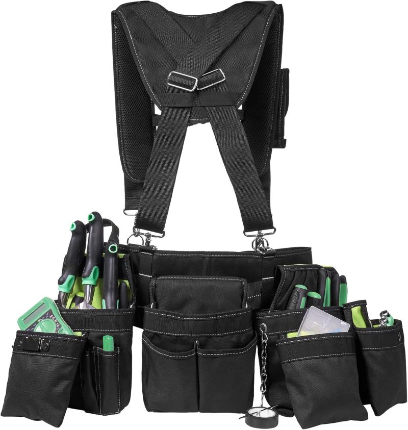 Tool Belt with Suspenders - Heavy Duty Tool Vest with Multiple Tool Pouches and Waist Support, Ideal Tool Organizer for Carpenters, Electricians, and Gardening