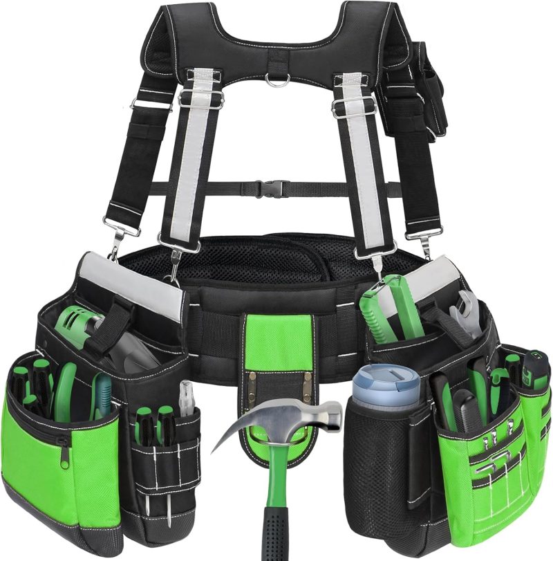 Heavy Duty Tool Belt with Harness and Suspenders – 32 Pockets and Pouches, 1680D Ballistic Material, Reflective Strips for Safety – Tool Belt Suspenders for Men, Electricians, and Carpenters, Green