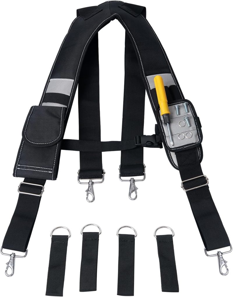 Tool Belt Suspenders for Men, Construction Tool Belt, Heavy Duty Work Suspender Tool Belt with Magnetic Wristband and Large Moveable Phone Holder