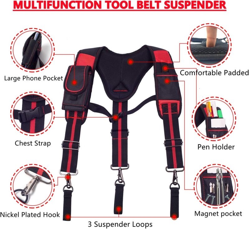 Tool Belt Suspenders Construction Work Suspenders with Magnet Pocket, Large Moveable Phone Holder, Pencil Holder - Image 2