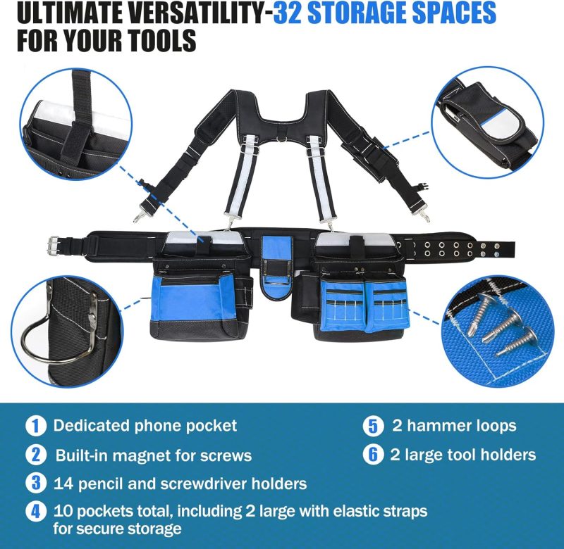 Heavy Duty Tool Belt with Harness and Suspenders – 32 Pockets and Pouches, 1680D Ballistic Material, Reflective Strips for Safety – Tool Belt Suspenders for Men, Electricians, and Carpenters, Blue - Image 2