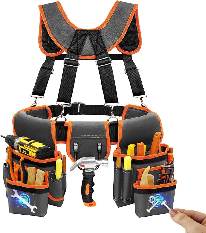 Tool Belt, Professional Tool Belts for Men, Magnetic Tool Pouch With Suspenders, Heavy Duty Detachable Adjustable Utility Belt Work Bags for Electrician, Carpenter (Gray and Orange, 32''-66'')