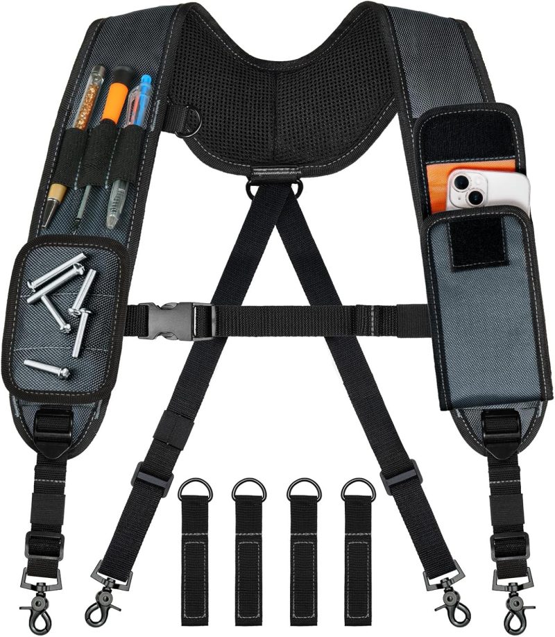 Tool Belt Suspenders, Tool Bag Suspenders, Work Belt Suspender with Magnetic Wristband and Loop Attachment, Padded Construction Suspender for Carpenter, Electrician, Framer, Blue-gray