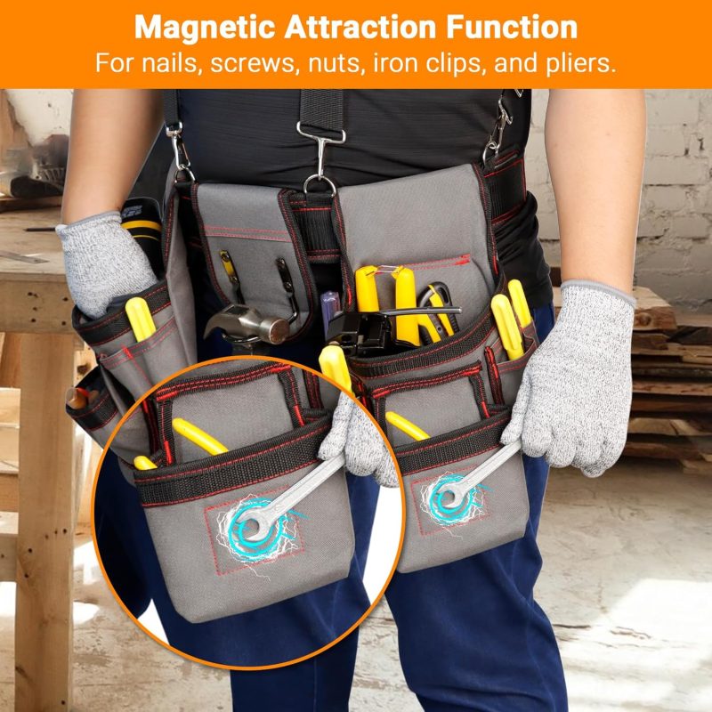 Tool Belt for Men, Professional Tool Belts with Suspenders, Magnetic Tool Pouch, Adjustable Utility Belt Tools Organizer, Heavy Duty Construction Work Bags Tool Pouch for Electrician, Carpenter - Image 2