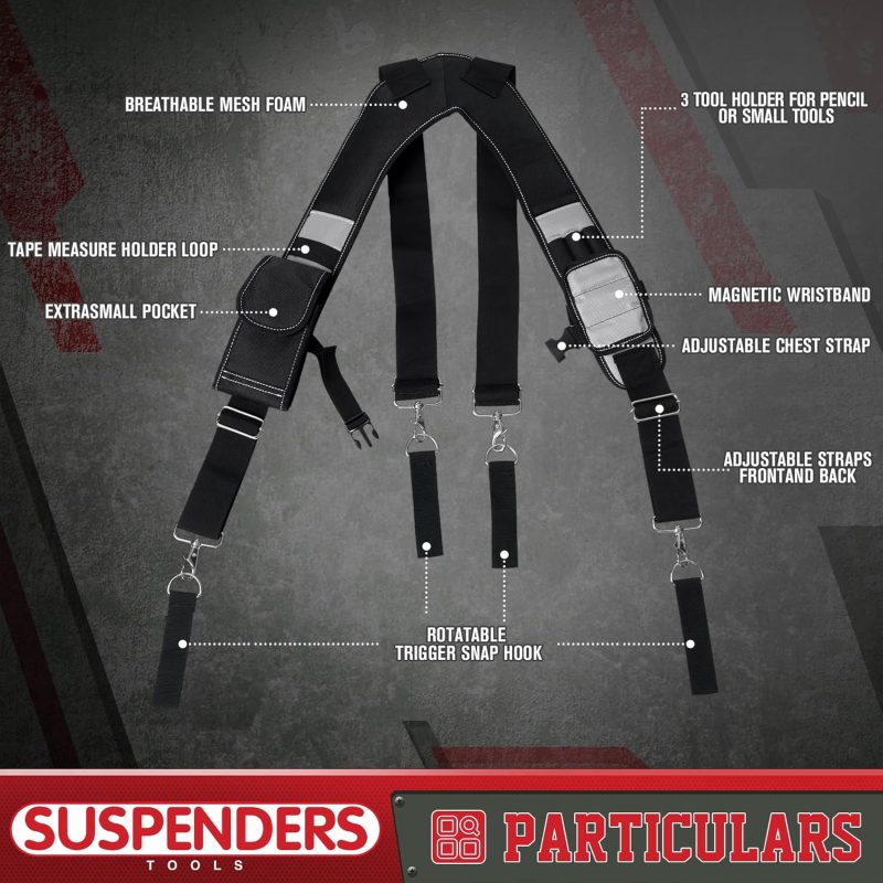 Tool Belt Suspenders for Men, Construction Tool Belt, Heavy Duty Work Suspender Tool Belt with Magnetic Wristband and Large Moveable Phone Holder - Image 2